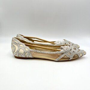 Badgley Mischka BHLDN Size 11 Gigi Pointed‎ Toe Jeweled Ivory Ballet Flats Shoes